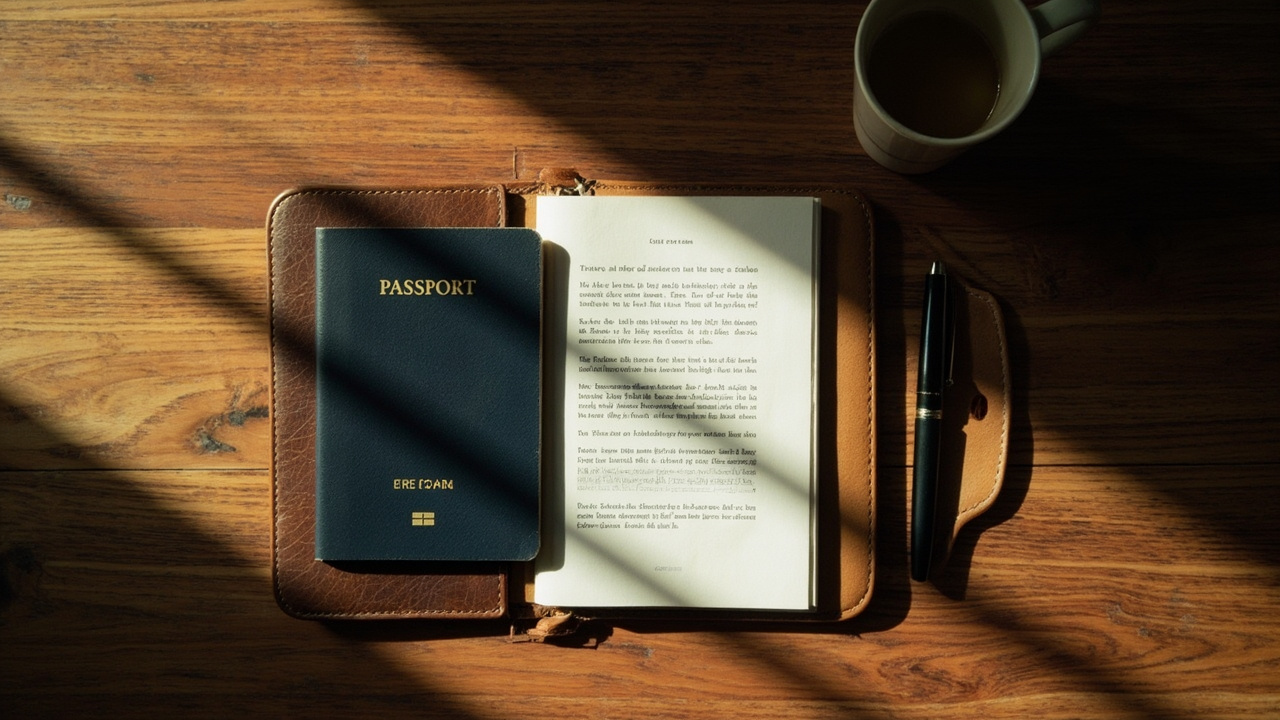 Flat-lay of a closed dark-blue passport, a slim leather folio, a pen and a folded paper printout on a warm wooden desk in soft window light