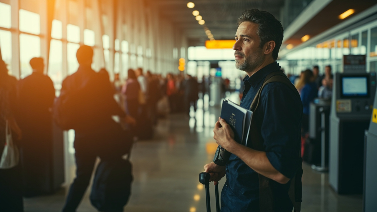 Aussie traveller walking past a softly blurred queue toward an automated lane in soft afternoon light