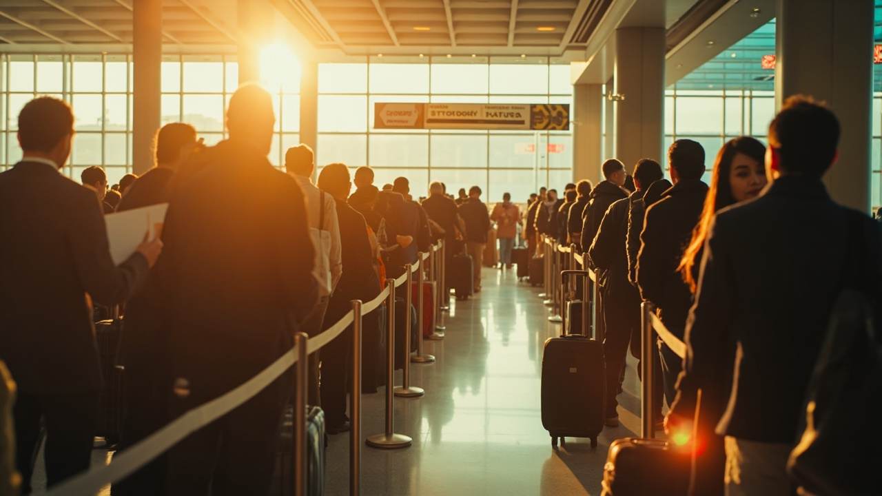 Long tidy queue of travellers stretching through a warm afternoon arrival hall with rope barriers and overhead light