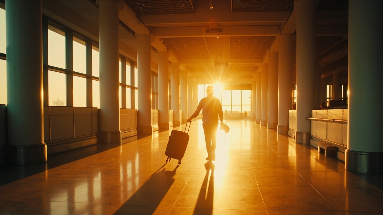 Quiet Saturday-morning arrival hall with a single Aussie traveller crossing a polished floor in golden sunrise light