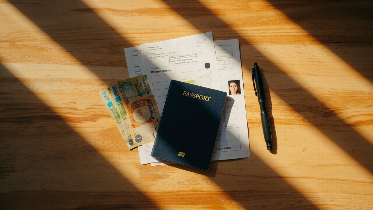 Flat-lay of a closed Australian passport with small USD notes a passport photo and a pen on a warm wooden surface
