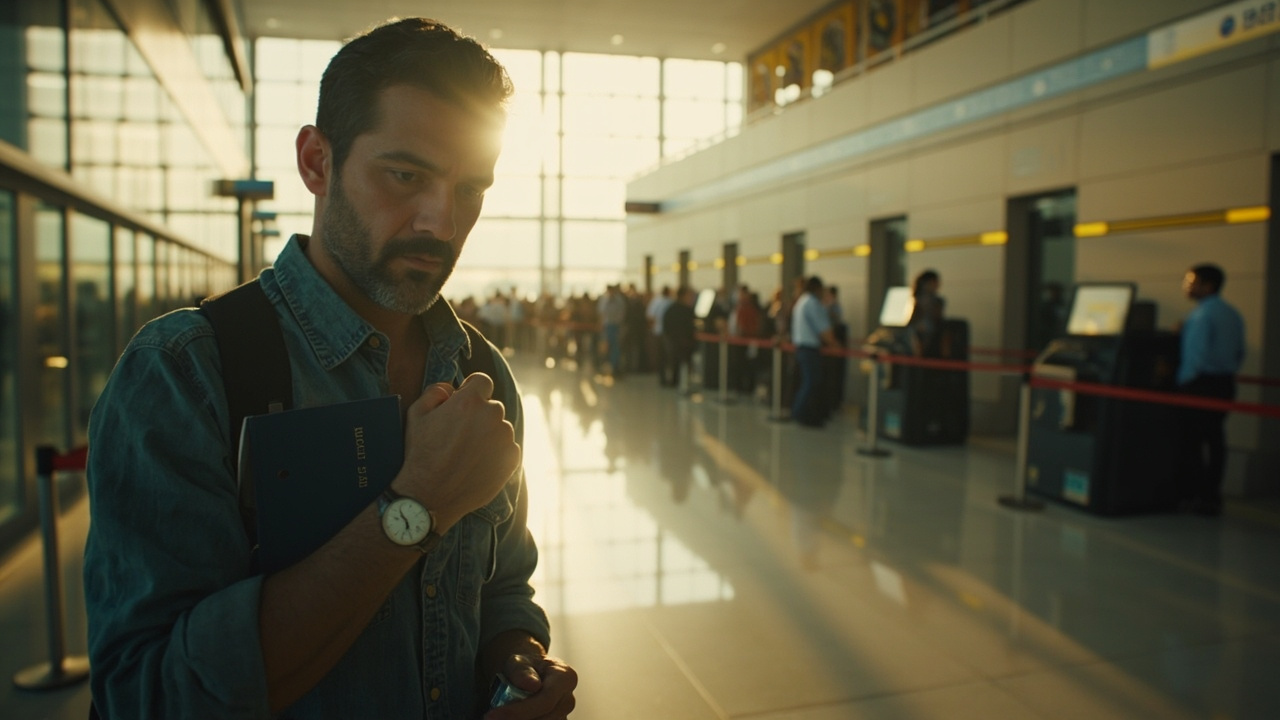 Australian traveller in a warm Cambodian airport arrival hall checking the time on a watch with a small carry-on, hinting at a tight onward connection