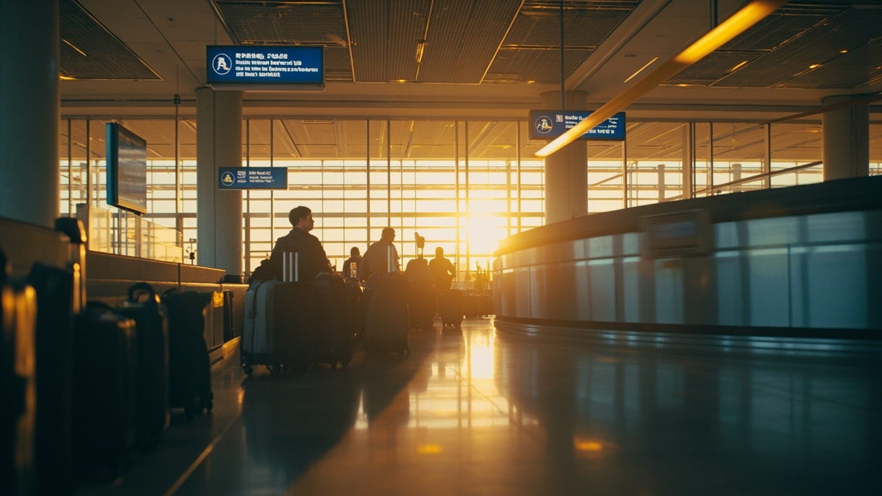 Quiet international bag-claim hall with a few suitcases on a moving belt in warm overhead light