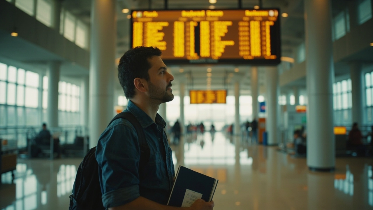 Aussie traveller pausing under a softly blurred domestic departures board with a small carry-on in warm overhead light