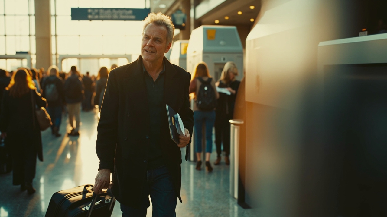 Australian traveller walking briskly past a softly blurred long queue toward an automated lane in warm afternoon light