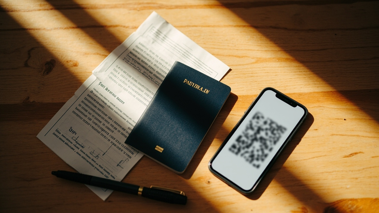 Flat-lay of a closed Australian passport a printed PDF page and a phone showing a blurred QR code on a warm wooden surface