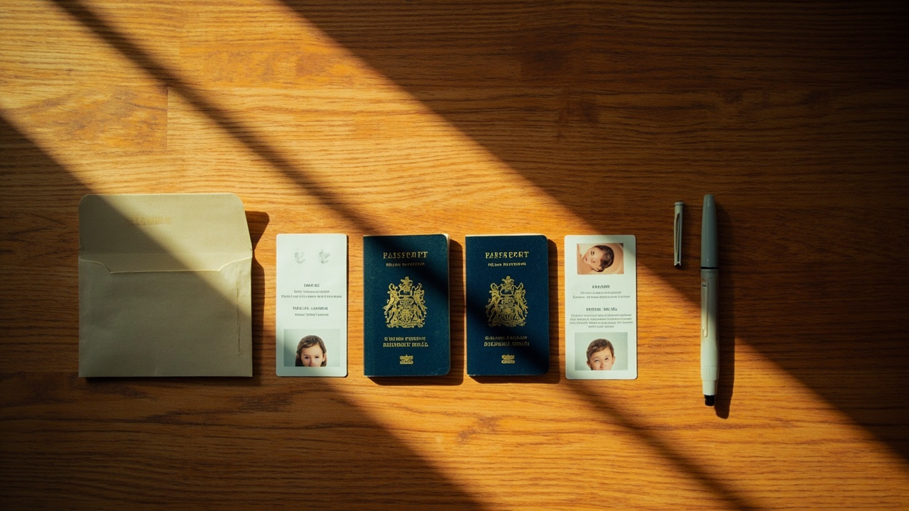 Two Australian adult passports and two smaller child passport booklets laid out on a warm timber counter with small passport-size photos beside each, in soft window light