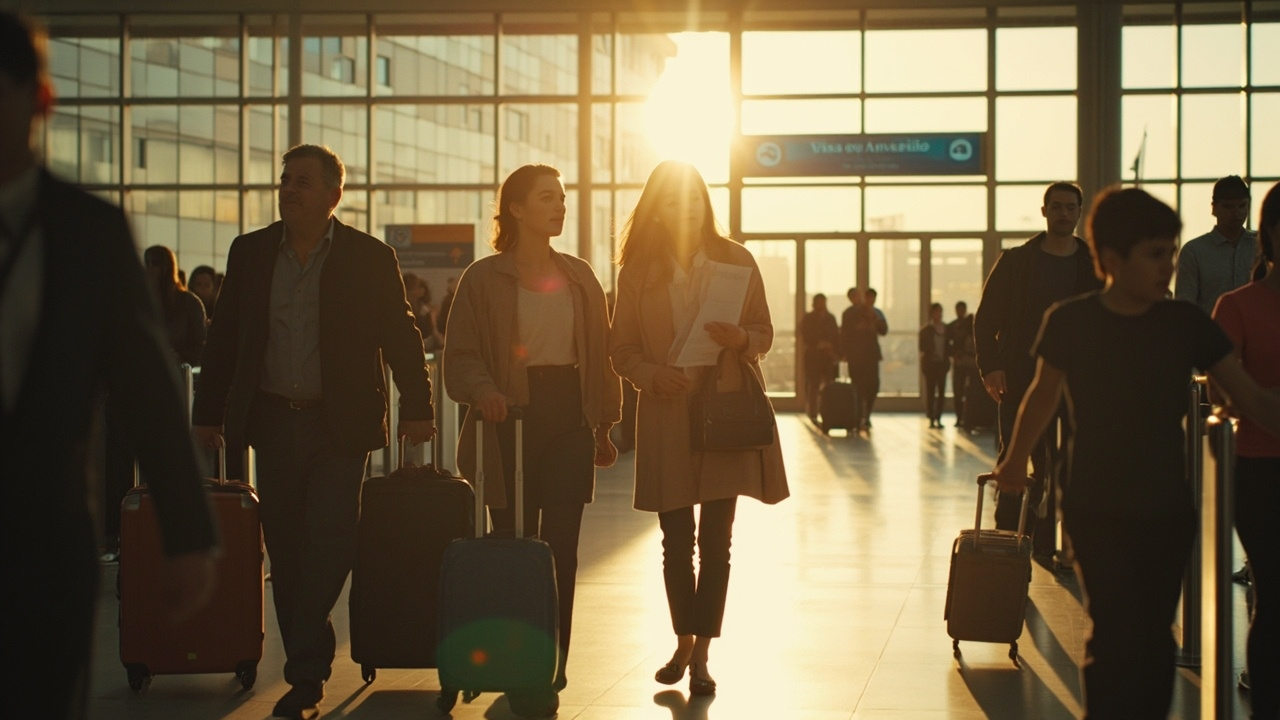 Australian family of four with hand luggage walking calmly past a generic visa-on-arrival queue in a quiet Asian airport arrival hall