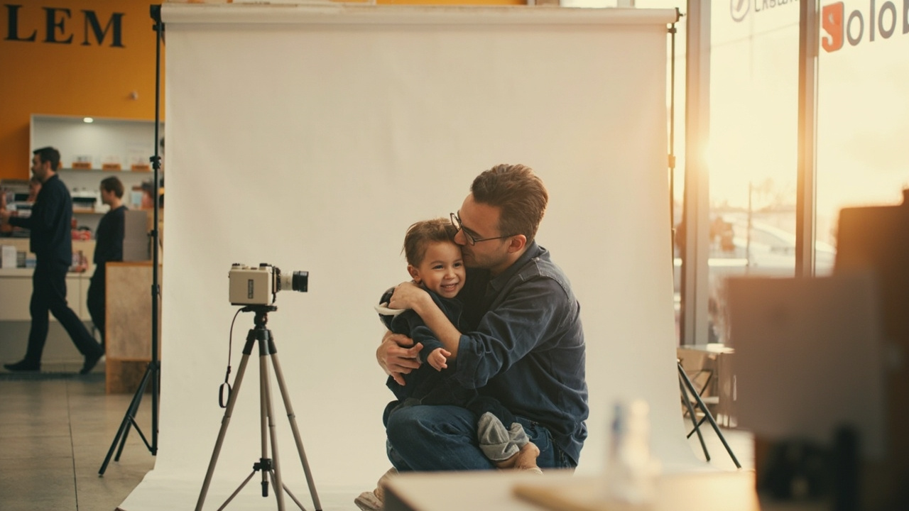 Australian parent gently steadying a small child against a plain white photo backdrop in a generic chemist photo corner