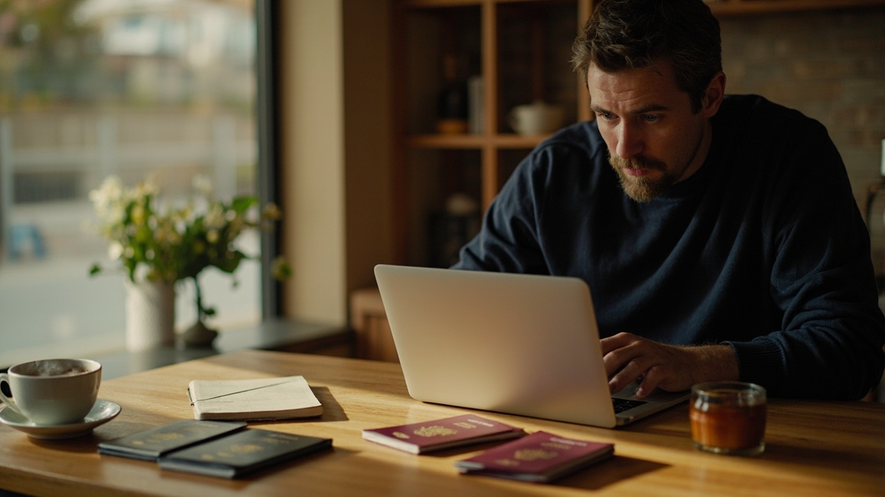 Australian parent at a kitchen table filling out e-Arrival Card forms on a laptop with four passports laid out beside it