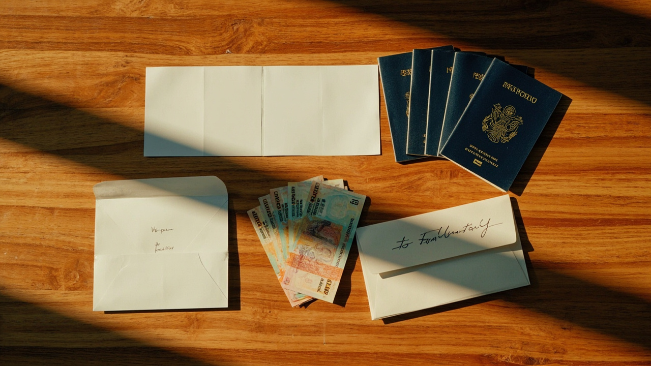 Family envelope flat-lay with four passports, four photo prints and a small fan of generic USD-style banknotes on warm timber