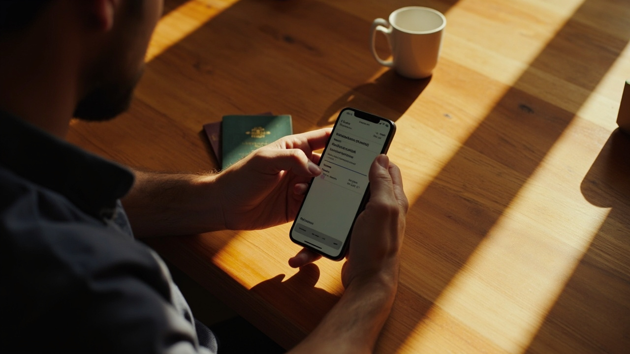 Australian traveller on a smartphone filling a digital arrival form at a sunlit Sydney desk with their passport beside the phone