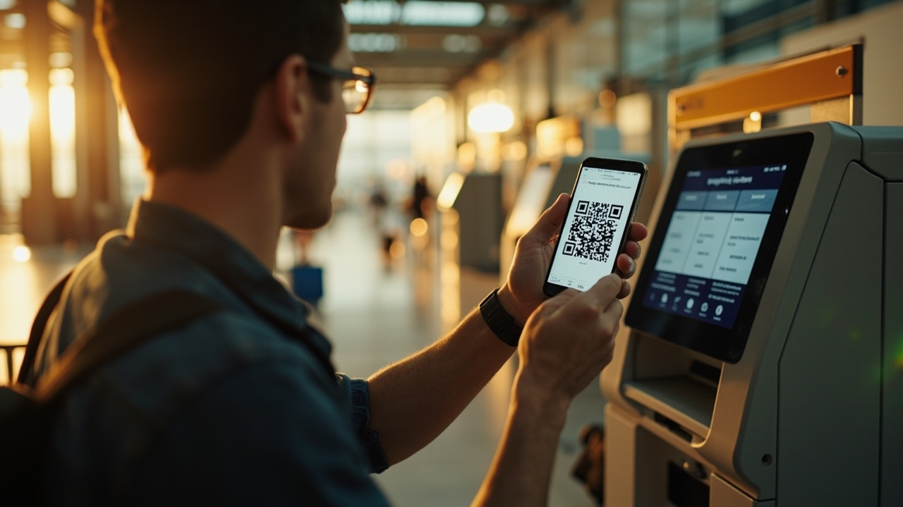 Australian traveller calmly holding a phone with a generic QR code at a soft-focus immigration kiosk in warm afternoon light