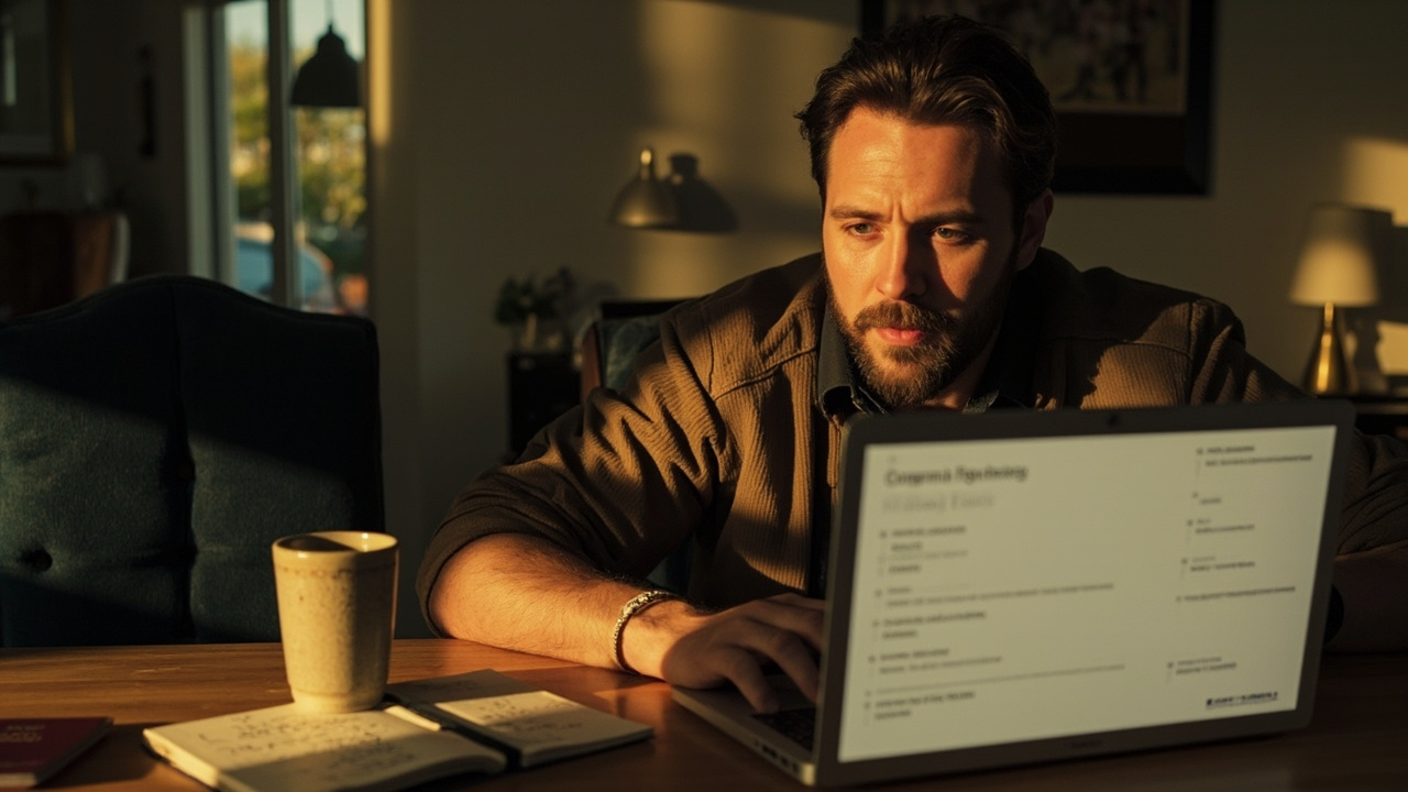 Australian traveller looking at a hotel-booking confirmation on a laptop in a sunlit home with warm afternoon light