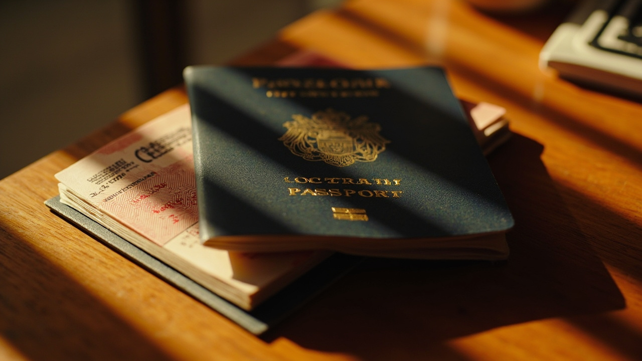 Overhead close-up of an Australian passport open to the photo page with the machine-readable zone visible but intentionally soft
