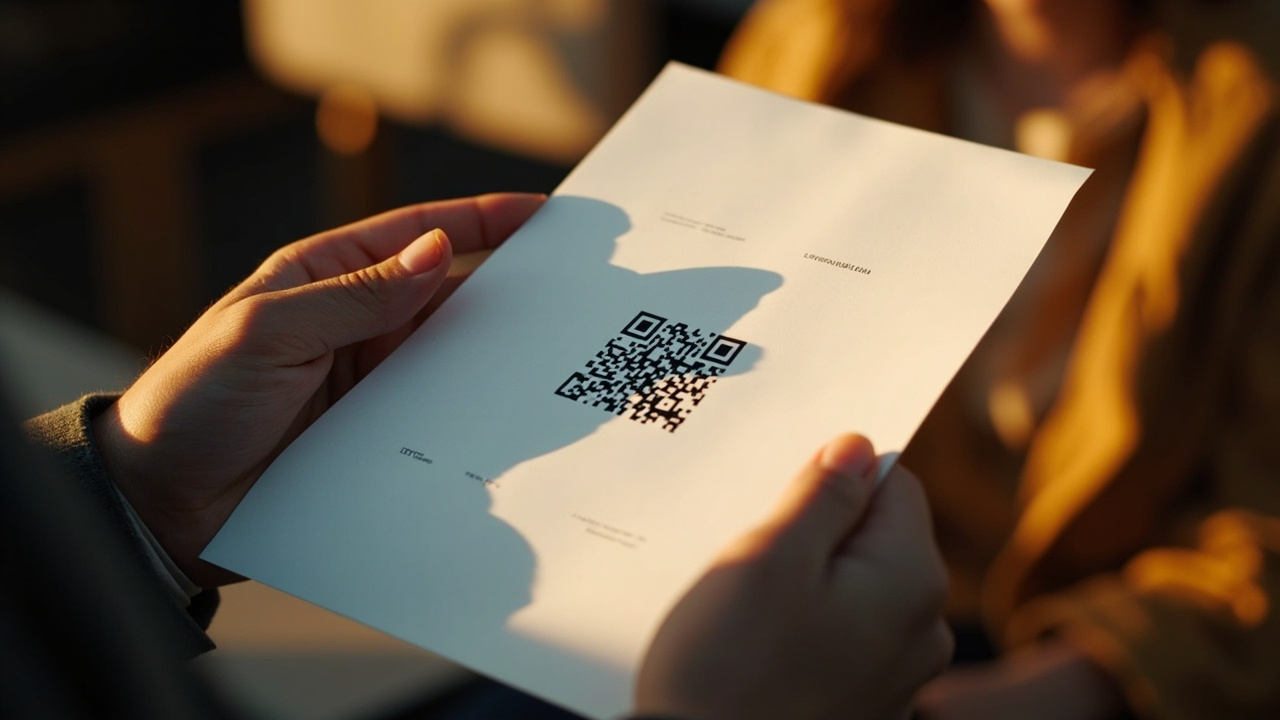 Close-up of hands holding a printed A4 sheet with a generic QR code visible and no other legible text