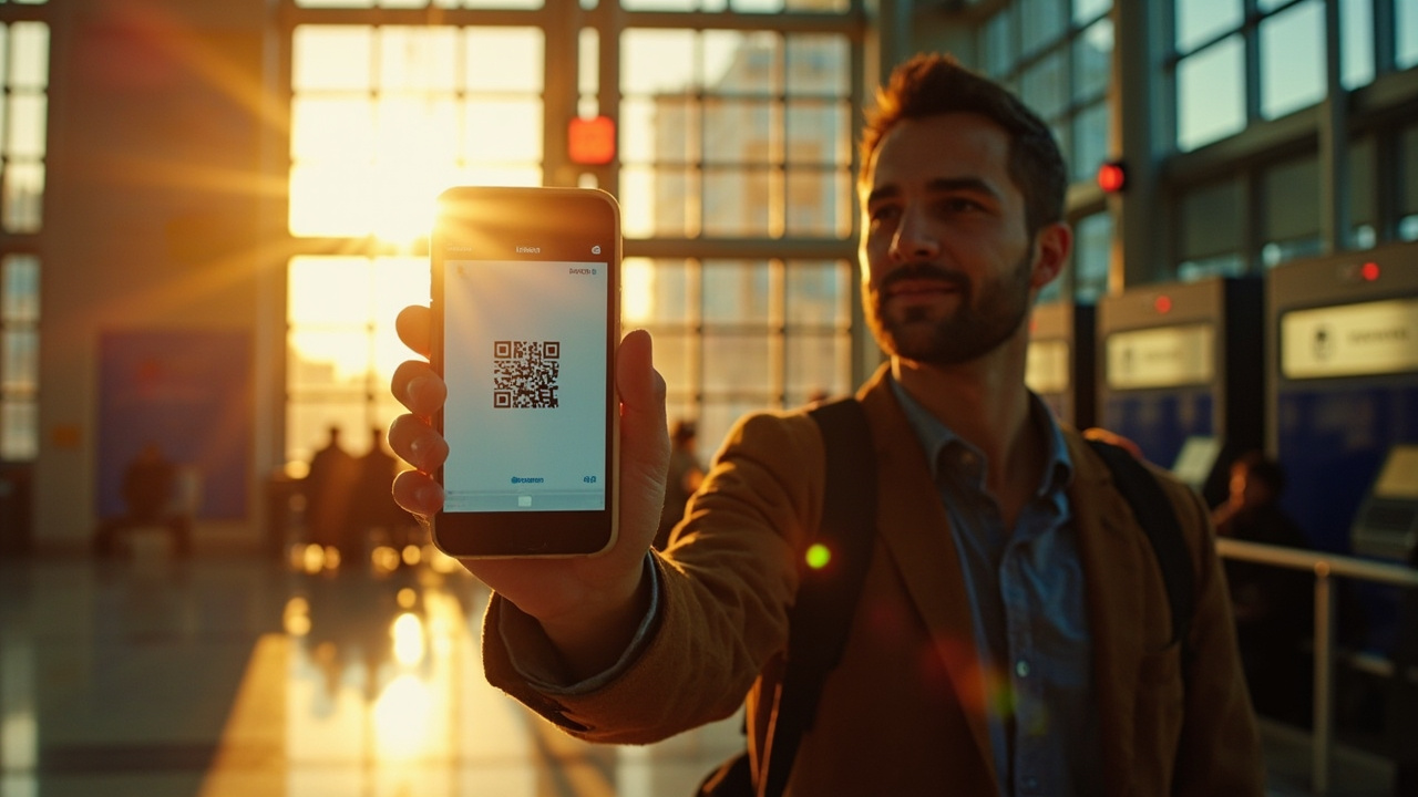 Australian traveller holding a smartphone with a generic QR code on screen at a soft-focus immigration kiosk in warm light