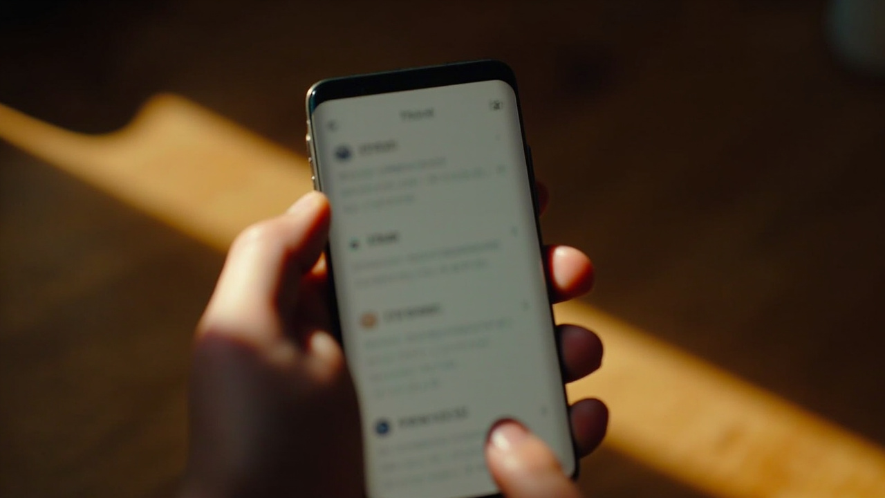Close-up of a smartphone showing a generic email folder interface in warm afternoon light