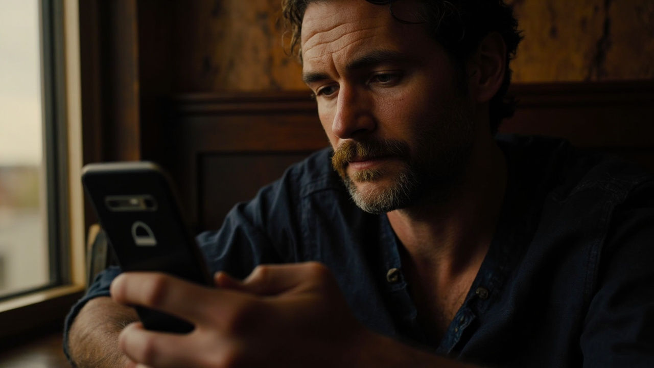 Australian traveller looking at a smartphone with a low-battery icon visible on screen in calm warm light