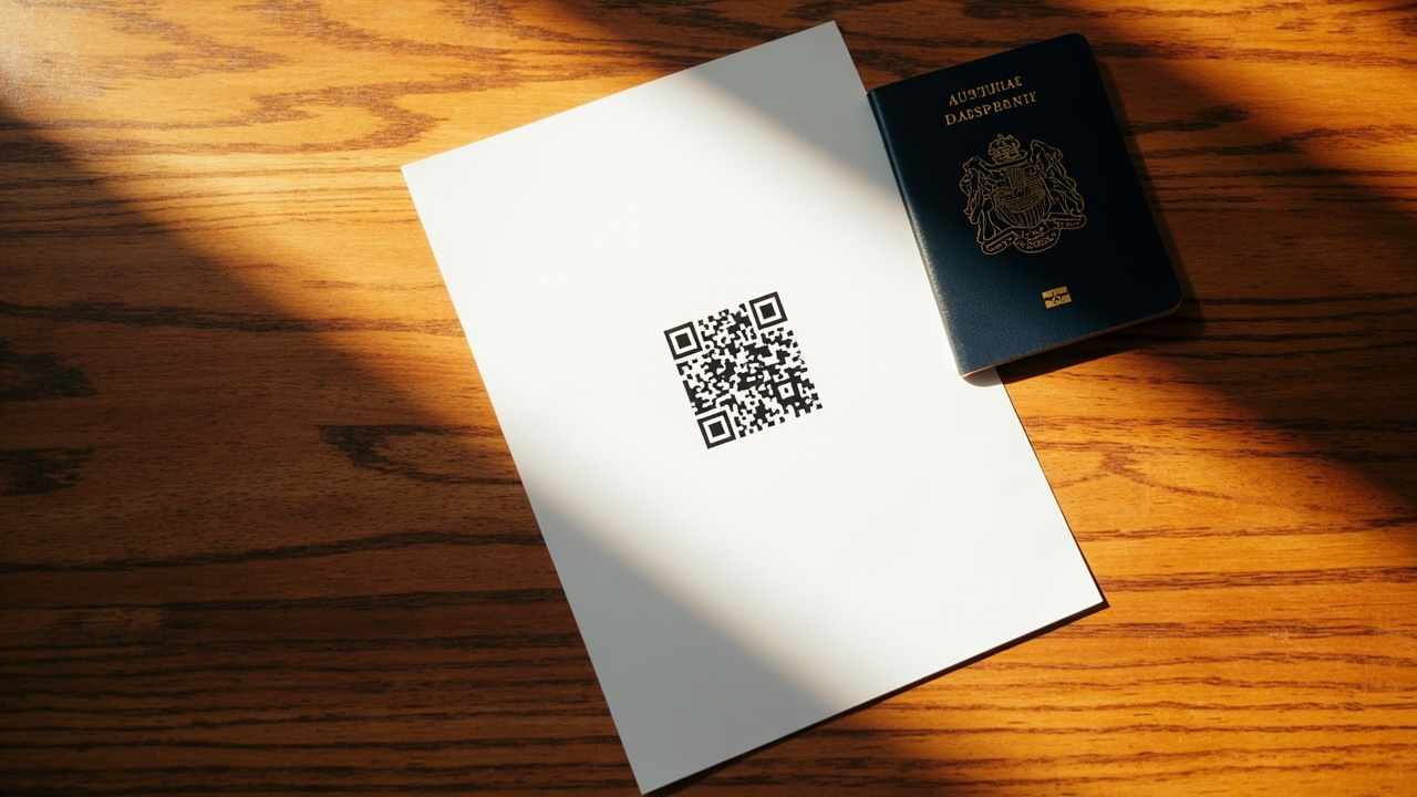 Overhead close-up of a printed generic QR code on plain A4 paper beside a closed Australian passport on a warm wooden desk