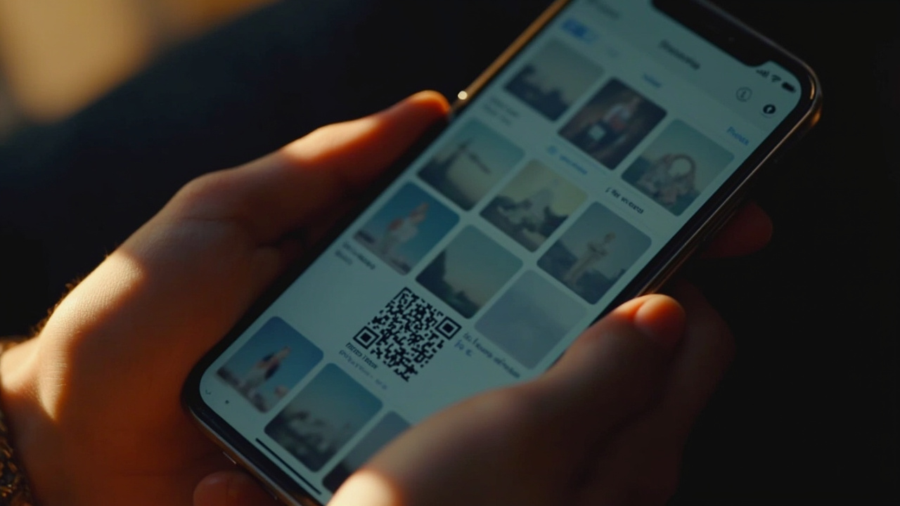 Close-up of an iPhone-style smartphone showing a generic Photos app interface with a QR code thumbnail visible