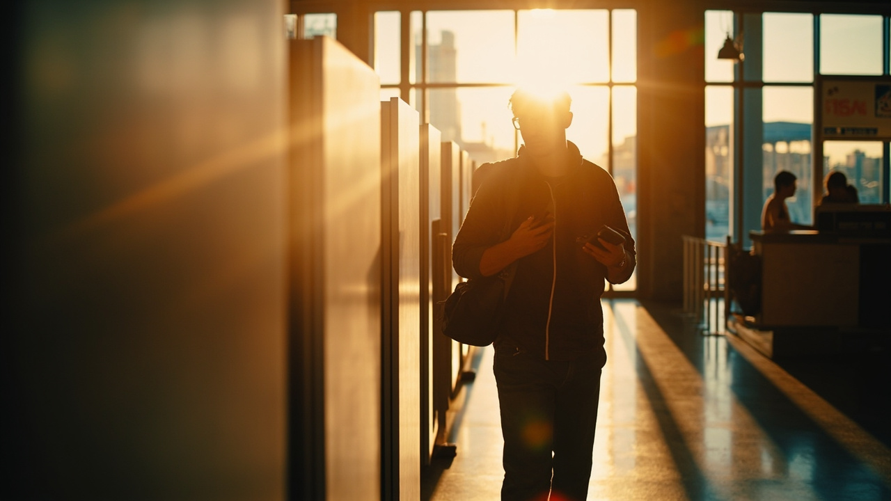 Australian traveller calmly approaching a manual immigration desk after a self-service kiosk in warm soft light