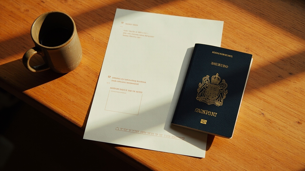 Overhead Australian passport on a warm wooden desk beside a hotel-booking printout in soft warm light