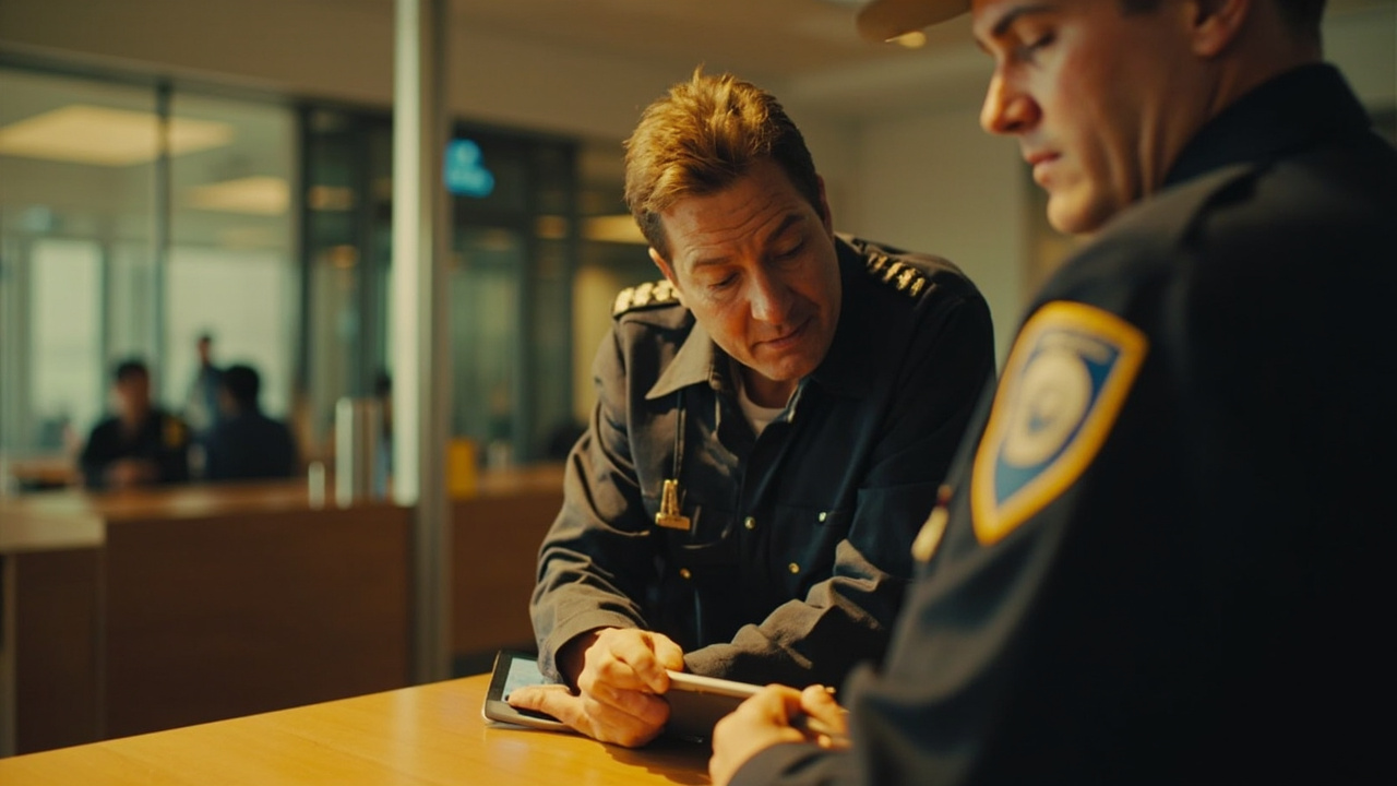 Australian traveller and an immigration officer at a desk with a tablet, faces in soft focus and warm light