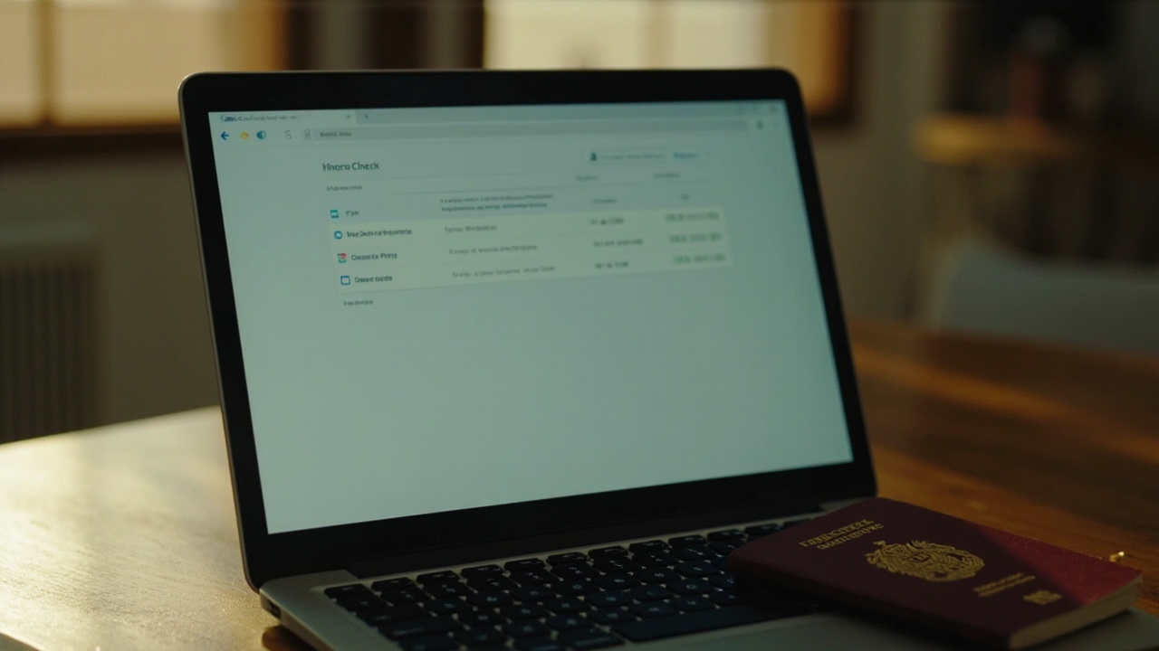 Close-up of a laptop showing a generic pre-check UI with no legible text in warm afternoon light