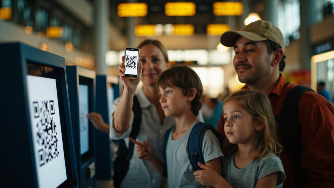Australian family queueing calmly at a soft-focus immigration kiosk with a parent holding a phone showing a generic QR code