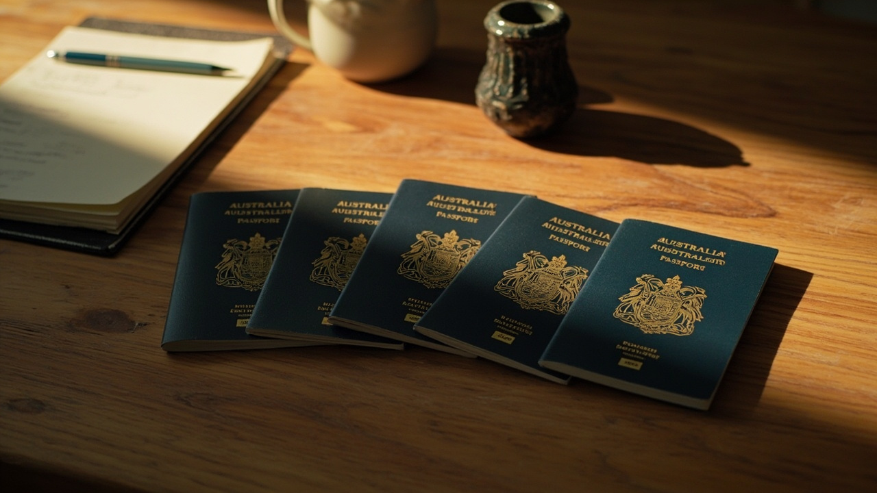 Overhead flat-lay of four closed Australian passports arranged in a row on a warm timber surface in afternoon light