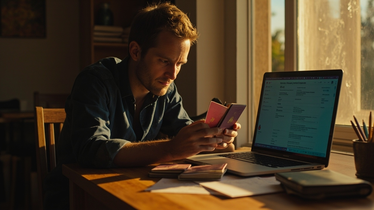 Australian parent at a laptop holding a child's passport with a soft-focus generic form on the screen in warm afternoon light