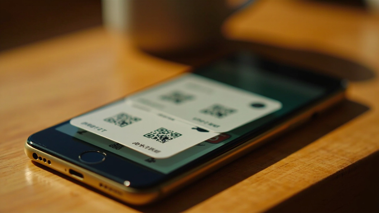 Smartphone on a kitchen bench showing a stack of generic QR-code pass cards in a mobile wallet view with no legible branding