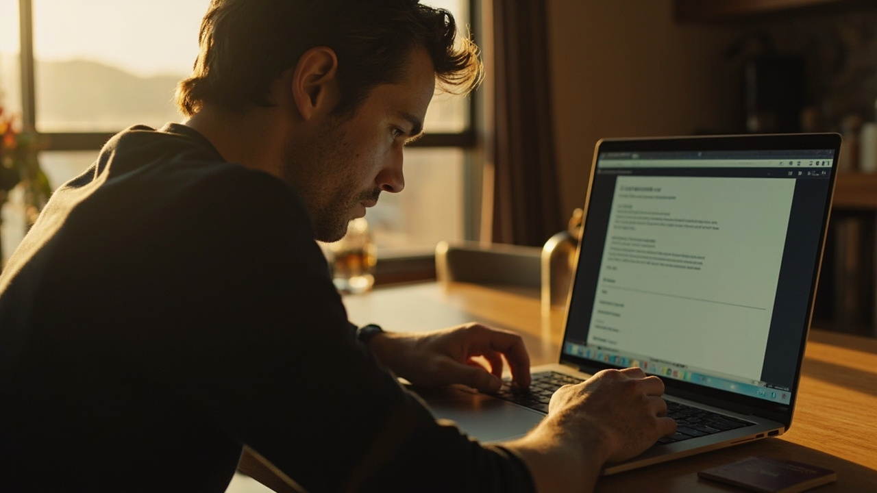Australian traveller at a desk reviewing a generic full-screen PDF preview on a laptop with a passport open beside the keyboard