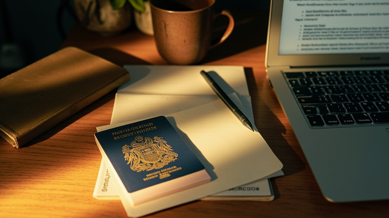 Overhead view of an Australian passport open beside a laptop keyboard with afternoon light raking across the surface