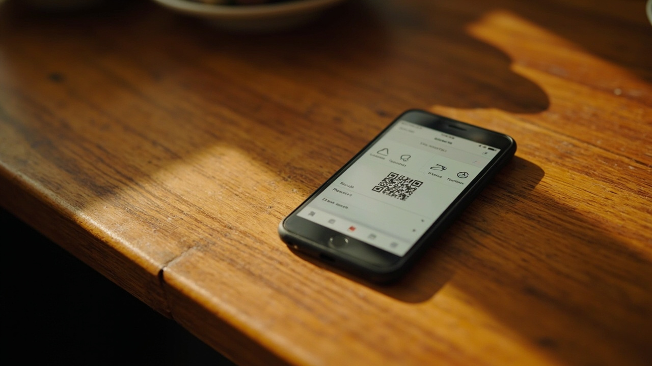Smartphone on a kitchen bench showing a generic QR-code pass in a mobile wallet interface with no legible branding
