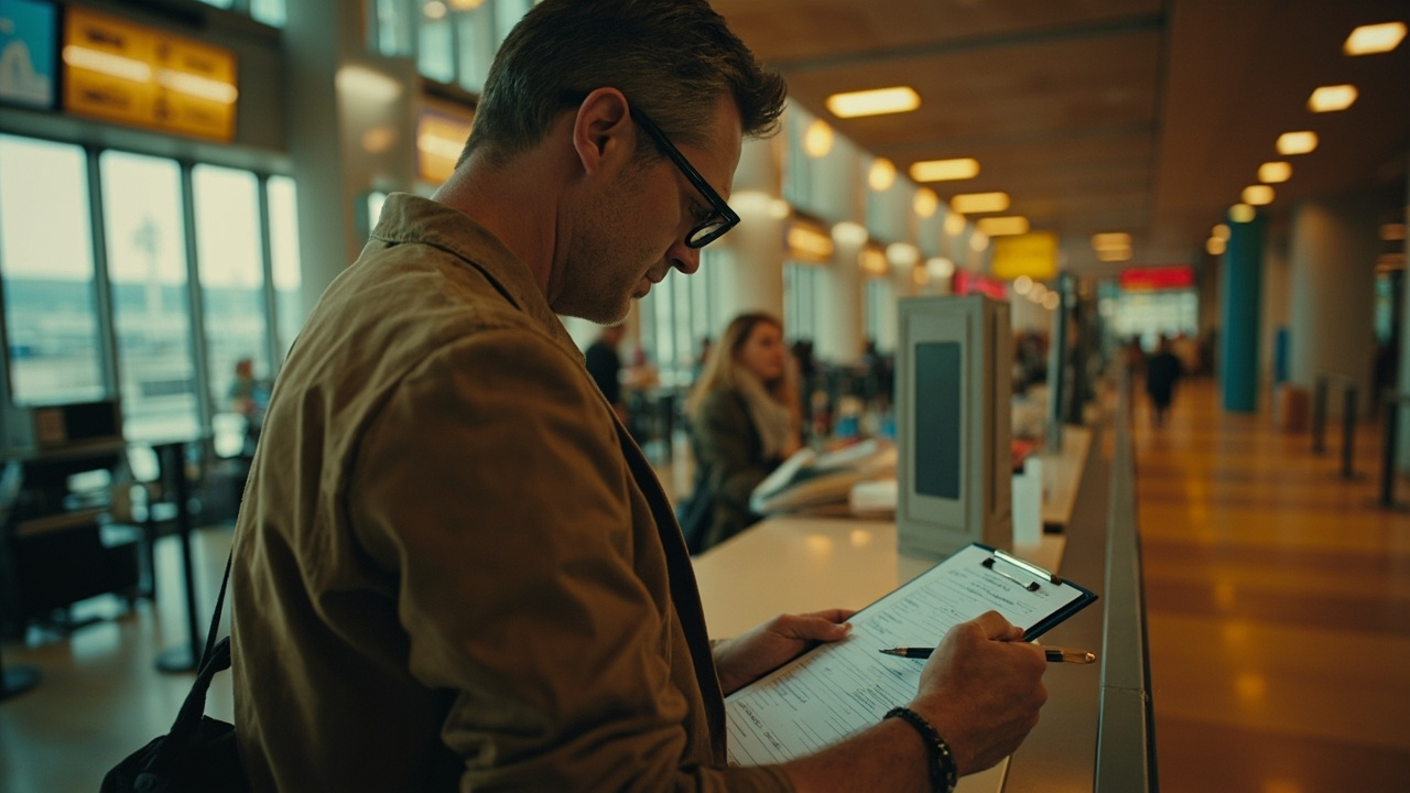 Australian traveller filling a paper form on a clipboard at a soft-focus arrival hall counter in warm afternoon light