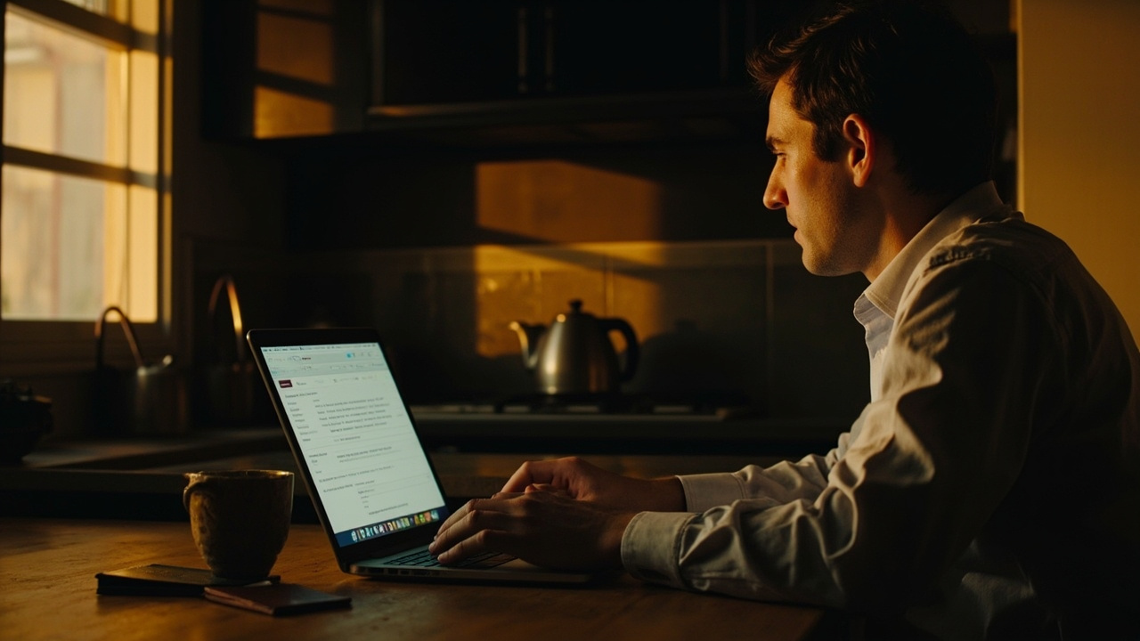 Australian traveller filling a generic form on a laptop in an evening sunlit kitchen with a passport beside the keyboard
