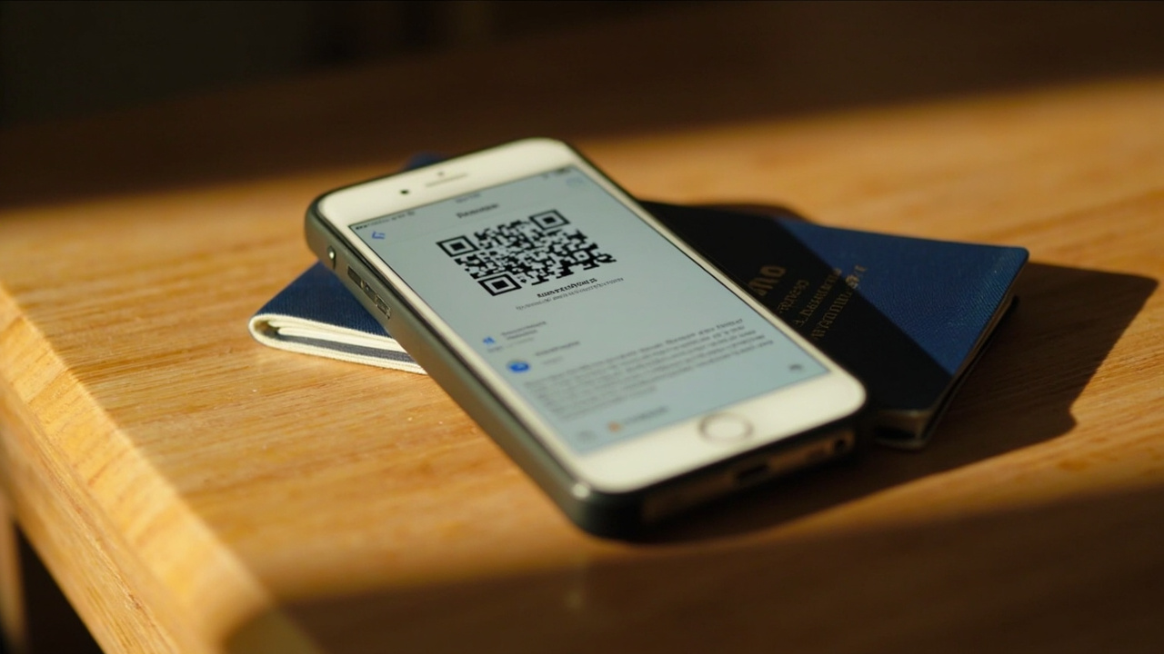 Smartphone resting on a timber desk showing a soft-focus generic email-style interface with a small QR-code preview