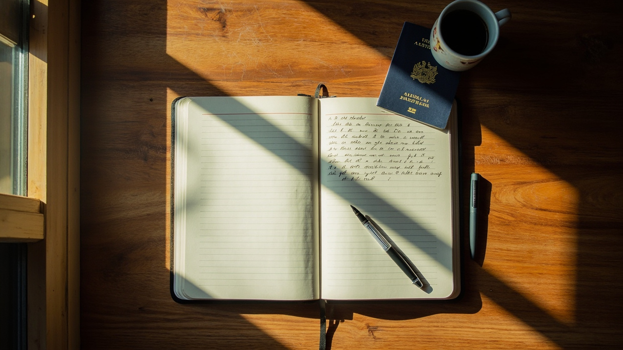 Overhead view of a paper notebook with handwritten checklist soft-blurred beside a passport and a coffee mug