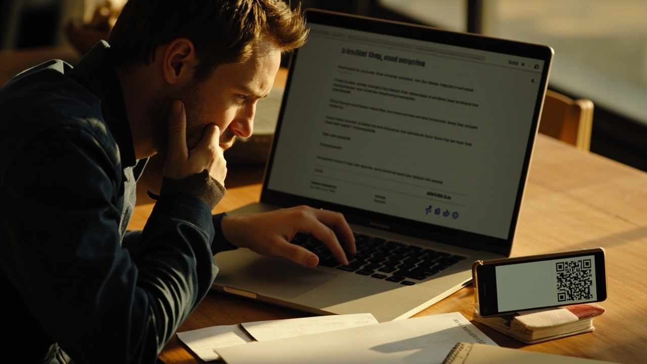 Een Australische reiziger zit aan een keukentafel met een laptop waarop een onscherpe e-mail over een omboeking van zijn vlucht te zien is, een paspoort en een smartphone met een generieke QR-code.