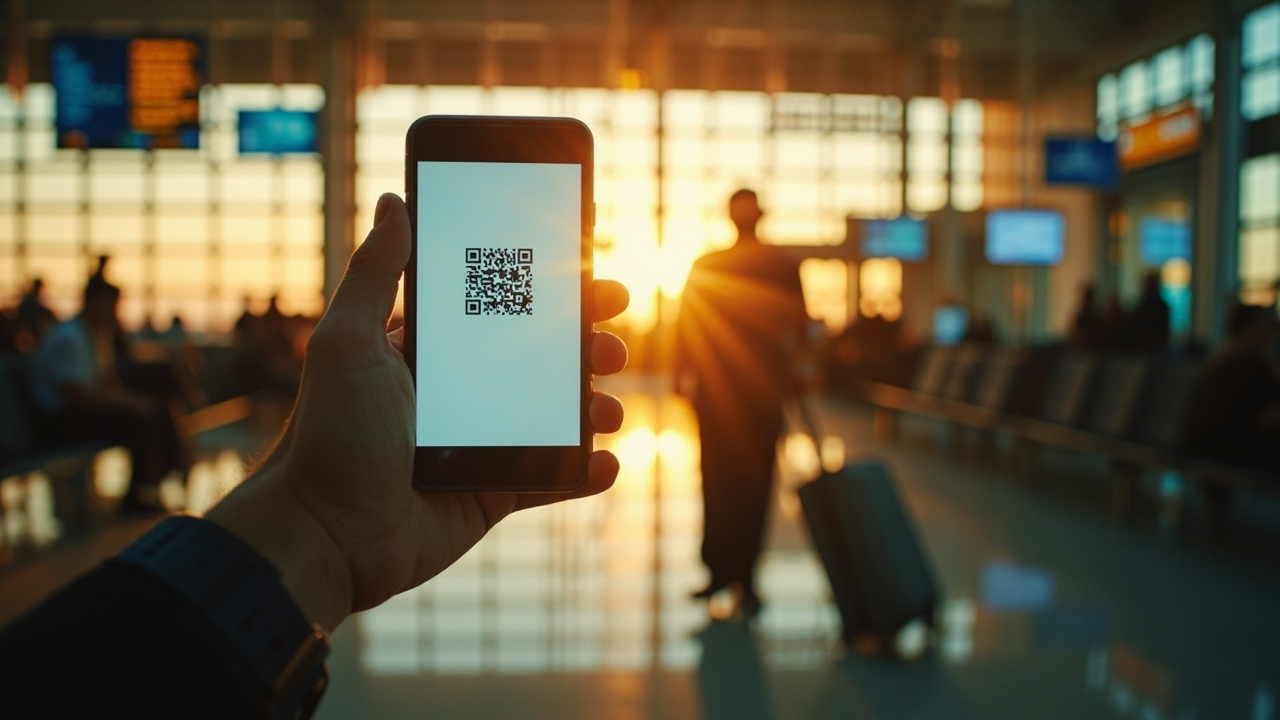 Soft-focus airport departures hall view at golden hour with a traveller silhouette and a smartphone in the foreground showing a generic QR code