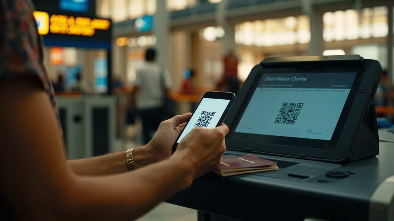 Aussie traveller handing a smartphone with a generic QR code across a soft-focus immigration kiosk counter in warm hall lighting