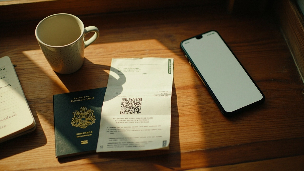 Overhead flat-lay of a closed Australian passport, a generic paper boarding-pass shape and a smartphone on a warm timber surface