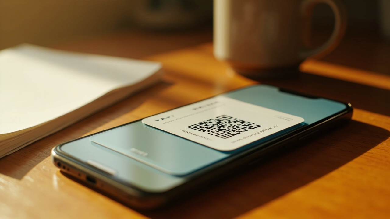 Smartphone on a warm timber surface showing two stacked generic QR-code passes in a mobile-wallet style view with no legible branding