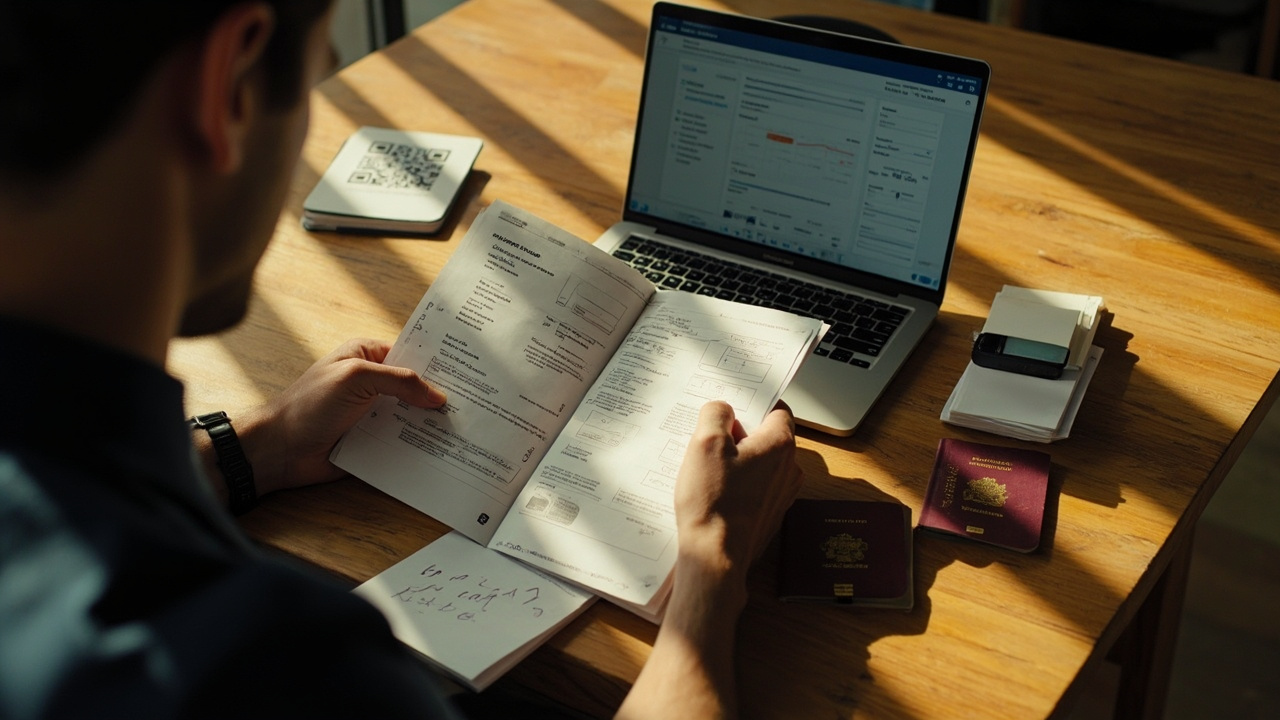 Australian traveller at a sunlit desk with an open passport showing soft-focus entry stamps, a laptop with a generic form, and a smartphone with a QR code