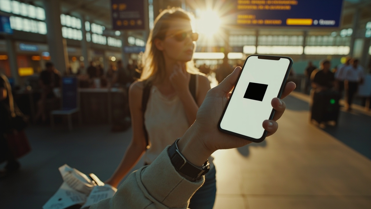 Aussie traveller calmly walking through a soft-focus immigration arrival hall holding a smartphone with a generic QR code visible on screen