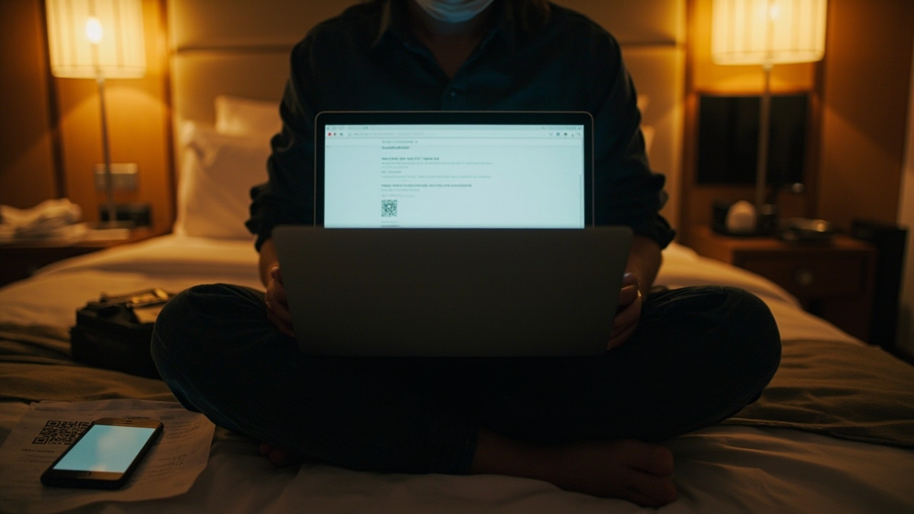 Aussie traveller on a hotel bed in warm evening light with a laptop showing a soft-focus generic form and a smartphone with a generic QR code beside them