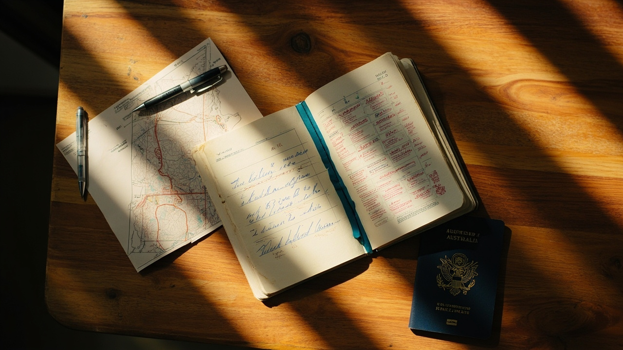 Overhead flat-lay of an open Australian passport with soft-focus stamp shapes, a handwritten travel notebook and a folded paper map on warm timber