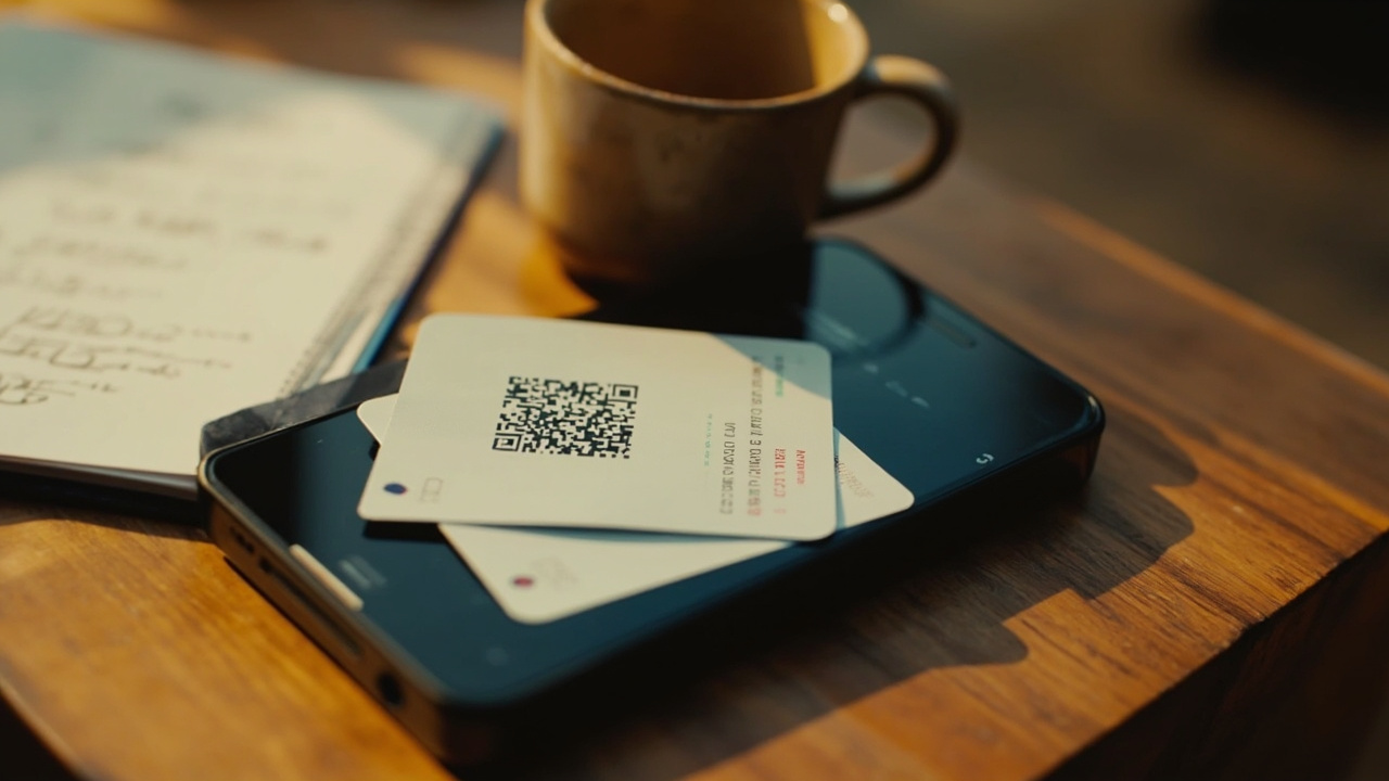 Smartphone on a warm timber surface showing two stacked generic QR-code passes labelled by entry date in a mobile-wallet style view with no legible branding